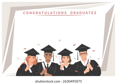 Сongratulations for graduates with space for text. Group of students-graduates wearing an academic gown, cap and holding a diploma against the backdrop of the university. Vector illustration
