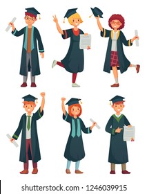 Graduates students. College student in graduation gowns, educated university graduating man and woman characters. Graduate professional or students professor cartoon vector isolated icons set