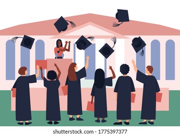 Graduates throw graduation hats in the sky. Solemn motivational speech of graduates. Solemn event in front of the university. Students in a black graduation gown. Flat vector illustration.