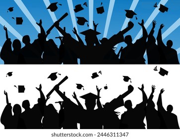 Graduates throw their caps into the sky. Festive illustration on the theme of graduation from university and college. Vector eps 10. People celebrating. Black silhouette on a white and blue background