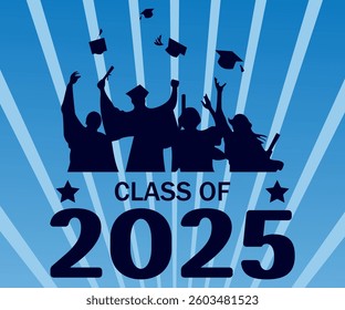 Graduates throw their caps into the sky. Festive illustration on the theme of graduation from university and college. Vector eps 10. People celebrating
