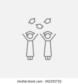 Graduates throwing caps line icon for web, mobile and infographics. Vector dark grey icon isolated on light grey background.