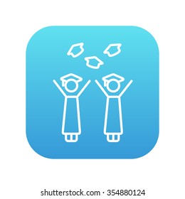 Graduates throwing caps line icon for web, mobile and infographics. Vector white icon on the blue gradient square with rounded corners isolated on white background.