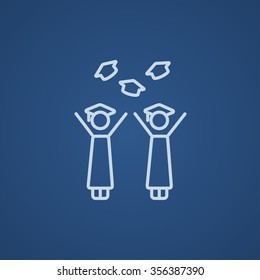 Graduates throwing caps line icon for web, mobile and infographics. Vector light blue icon isolated on blue background.