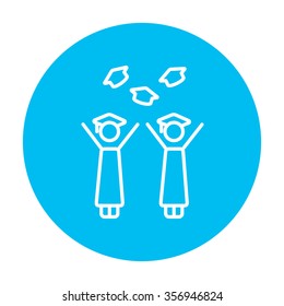 Graduates throwing caps line icon for web, mobile and infographics. Vector white icon on the light blue circle isolated on white background.