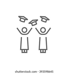 Graduates throwing caps line icon.