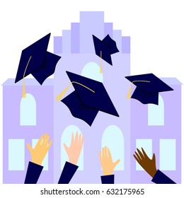 Graduates throwing graduation hats in the air with university back. flat cartoon vector illustration

