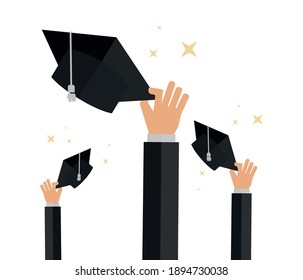 Graduates throwing graduation hats with tassel in the air. University ceremony concept.