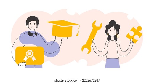 Graduates of the university with a diploma. Linear style. Vector illustration.