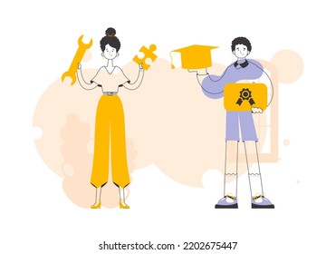 Graduates of the university with a diploma. Trendy linear style. Vector illustration.