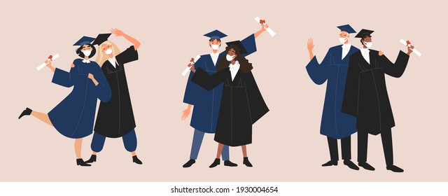 Graduates wearing mask, personal protective equipment during a pandemic. Group of diverse international graduates in academic gown holding diploma. Students celebrate university graduation in 2021.