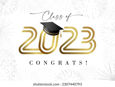 Graduating banner 2023. Class of 2023 congrats concept. Creative educational gold number 20 23, typographic logo design. Isolated symbol with academic cap. Prom invitation template. Holiday background