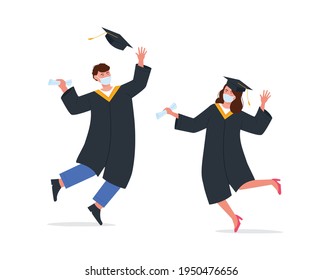 Graduating boy and girl student wearing medical masks. Celebrating university and college graduation.