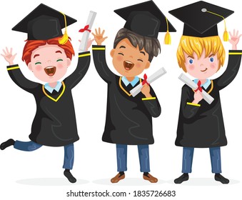 Graduating Boys group. Full body. Graduation Boys is jumping. Child graduate wearing a mortarboard. Diploma graduating little international for kid. Graduate concept vector illustration. 
