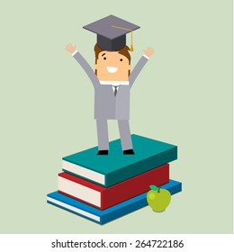 Graduating businessman in grad hat on books. Flat vector illustration.