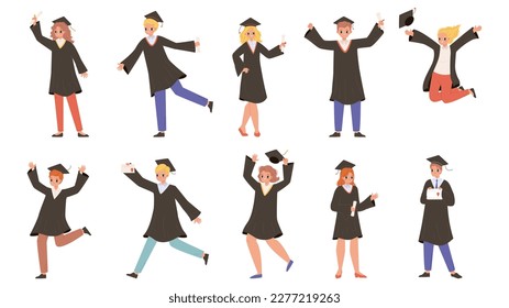 Graduating characters, beautiful students get diploma. Graduate teenagers, university, college or school graduated. Snugly young adults vector set