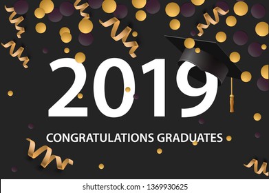 Graduating Class Of 2019, Poster, Party Invitation, Greeting Card In Gold Colors. Grad Poster, Vector Illustration.