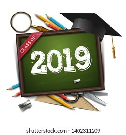 Graduating Class Of 2019. Poster, Party Invitation, Greeting Card. Chalkboard, Graduation Cap, Pencils. Grad Poster, Vector Illustration