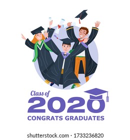 Graduating Class of 2020 Banner with Graduate students jumping. Vector