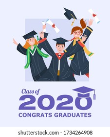 Graduating Class of 2020 Banner with Graduate students jumping. Vector