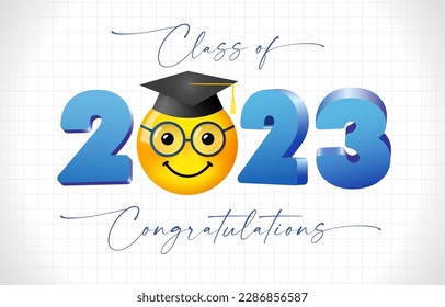 Graduating class of 2023 creative banner. Emoji icon with square hat. Design for school graduation celebrating event. Creative 3D number. Isolated elements. Modern style typography. 