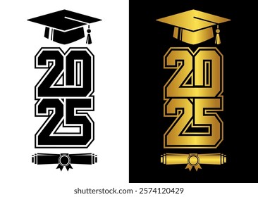 Graduating class of 2025 for greeting, invitation card. Text for graduation design, congratulation event, T-shirt, party, high school or college graduate. Illustration, vector on transparent and black