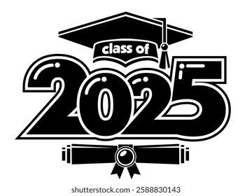 Graduating class of 2025 for greeting, invitation card. Text for graduation design, congratulation event, T-shirt, party, high school or college graduate. Illustration, vector 