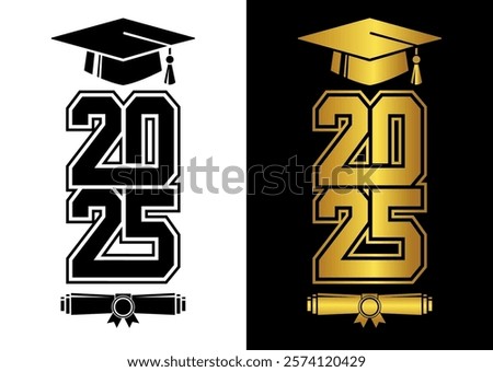 Graduating class of 2025 for greeting, invitation card. Text for graduation design, congratulation event, T-shirt, party, high school or college graduate. Illustration, vector on transparent and black