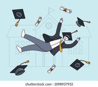  graduating college student is being tossed around illustration set. Suit, diploma, graduation cap, School uniform, gift. Vector drawing. Hand drawn style.
