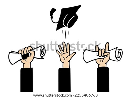 Graduating concept with hands holds scroll diploma and throw up academic hat. Happy graduation college, school or university, vector banner