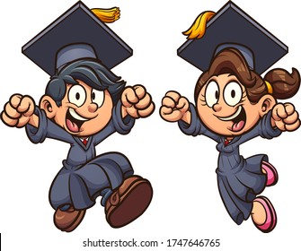 Graduating excited boy and girl wearing a cap and gown. Vector cartoon clip art illustration with simple gradients. Each on a separate layer.

