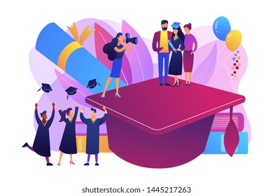 Graduating with friends. Proud parents with graduated student. Graduation day, getting an academic degree, graduation announcements concept. Bright vibrant violet vector isolated illustration