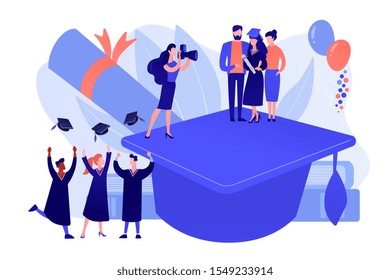 Graduating with friends. Proud parents with graduated student. Graduation day, getting an academic degree, graduation announcements concept. Pinkish coral bluevector isolated illustration