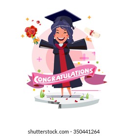 graduating happy student girl. character design with congratulation label - vector illustration