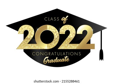 Graduating Icon Or Badge. Class Of 2022 Year Graduation. Class Off Logo Concept, Shiny Gold Lettering. Numbers 20, 22 With Square Cylinder. Isolated Abstract Graphic Design Template. Creative Congrats