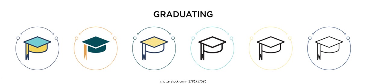 Graduating icon in filled, thin line, outline and stroke style. Vector illustration of two colored and black graduating vector icons designs can be used for mobile, ui, web