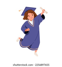 Graduating kid with diploma. School girl in graduation gown, cap. Cute little elementary student, happy child jumping with certificate. Flat graphic vector illustration isolated on white background