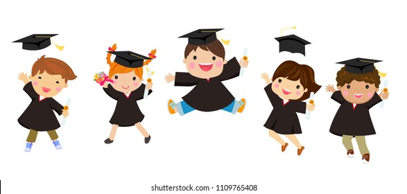 Graduating Kids Jumping Hats Flying Air Stock Vector (Royalty Free ...