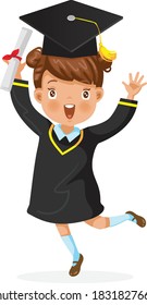 Graduating Little Girl. Graduation Little Girl is jumping. Child graduate wearing a mortarboard. Diploma graduating little arabic for kid. vector illustration. 