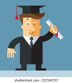 Graduating man with graduation diploma. Flat vector illustration.