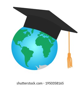 Graduating Square Cap Or Mortar Board And Planet Earth. International Graduation. Vector Illustration.