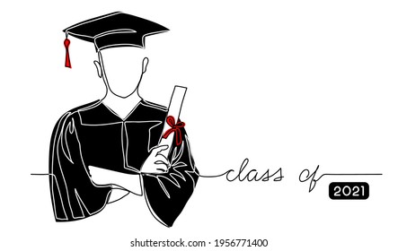 Graduating student with cap, black gown, holding diploma simple vector background, poster, banner. One continuous line drawing illustration with text Class of 2021.