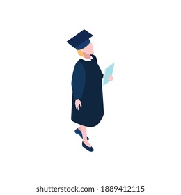 Icono isométrico del carácter de estudiante graduado en ilustración vectorial 3d de fondo blanco