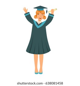Graduating student girl in an academic gown raising her hands up. Colorful cartoon illustration