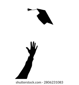 Graduating student hand throwing graduation hat through the air black silhouette on white background.