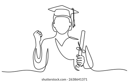 Graduating student wearing cap and gown. Continuous one line drawing. Vector illustration