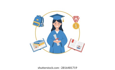 Graduating student wearing a cap and gown holding a diploma with school items like books and a golden medal nearby.