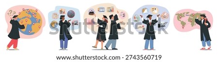Graduating students in caps and gowns thinking about their future careers choosing profession isolated cartoon scenes set. Professional orientation and goals, university graduation vector illustration