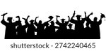 Graduating students celebrating success throwing graduation caps. Crowd of silhouettes. Vector illustration.