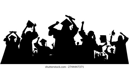Graduating students celebrating success throwing graduation caps. Crowd of silhouettes. Vector illustration.